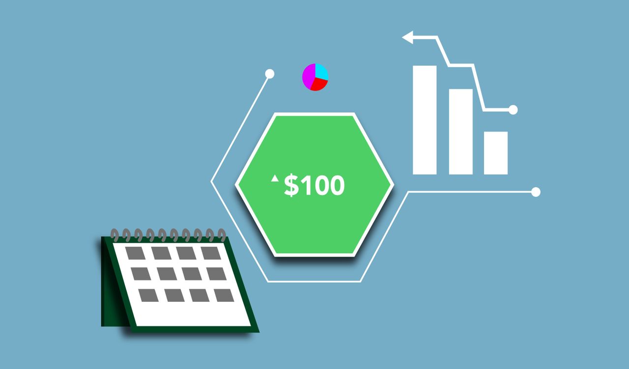 services-03 Illustration présentant un concept économique avec un graphique statistique et des tableaux autour de cent dollars, montrant la croissance d’une monnaie au fil du temps